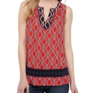 Crown & Ivy Red & Blue Lattice Print Pom Trim Sleeveless Peasant Blouse Size XXL